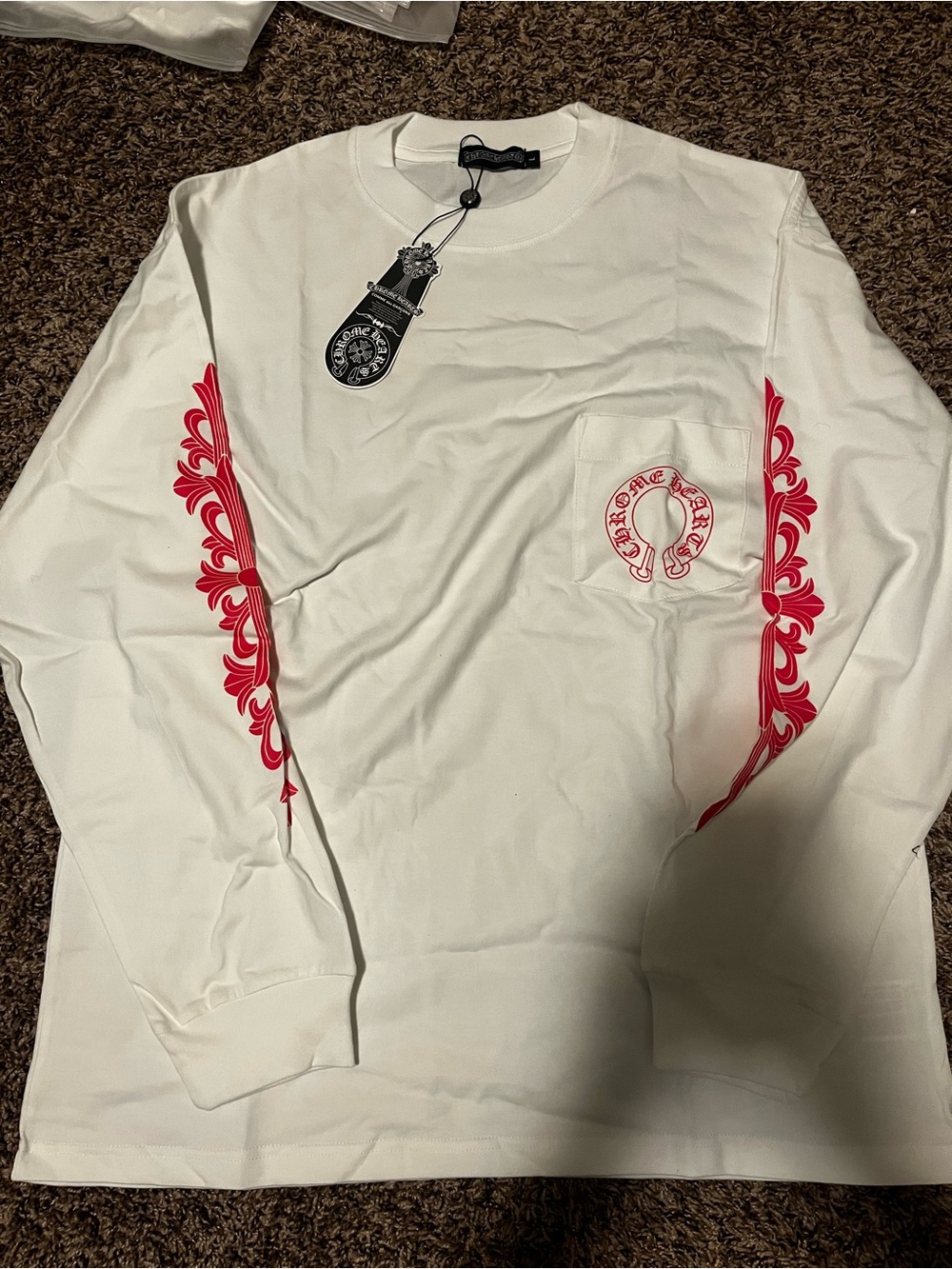 Chrome Hearts White Long Sleeve Tee with Red Sleeve Motif